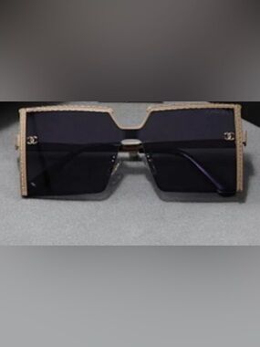 Luxury Designer Chanel Gold Oversized Square Rhinestones Black Lens Sunglasses